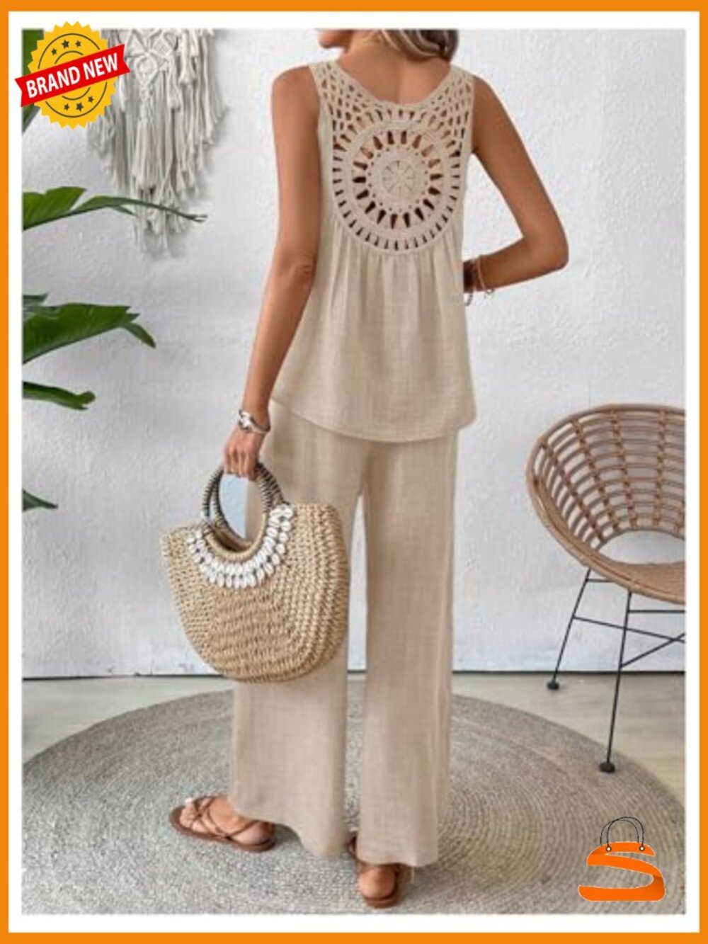 Boho Linen 2 Piece Outfit - Crochet Tank & Wide Leg Pants Set - Picture 3 of 5